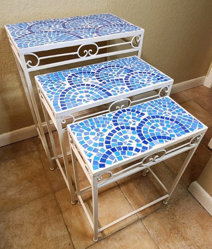 Set Of 3 Vintage Blue Rainbow Mosaic Tiled Cast Iron Nesting/Stackable Tables gallery