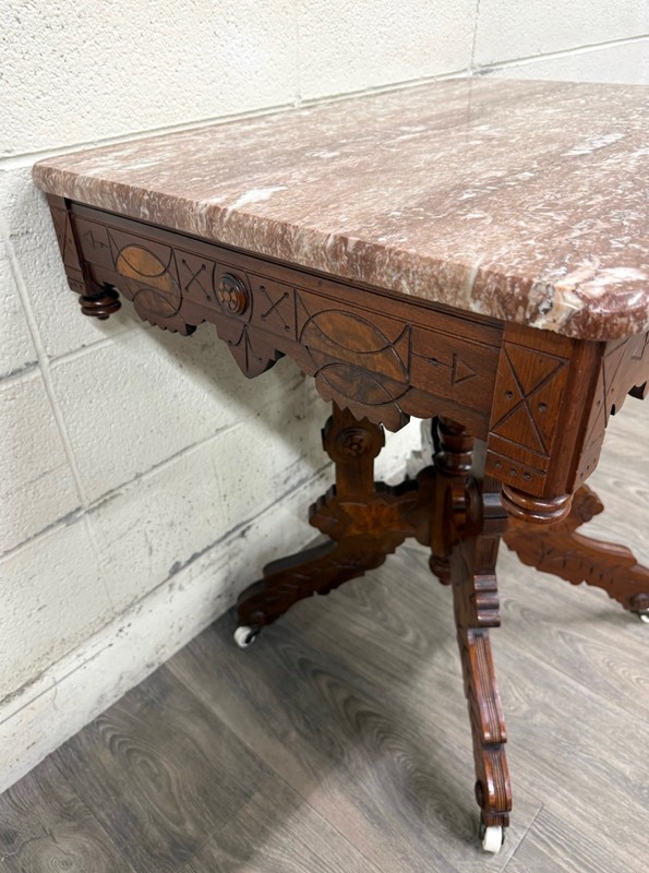 Antique Victorian Eastlake Marble Top Walnut Parlor Table gallery