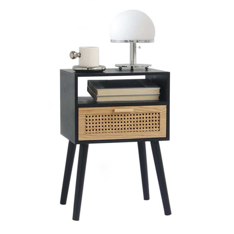 Mid Century Modern End Table with Rattan Drawer & Shelf, Small Side Table for Li gallery