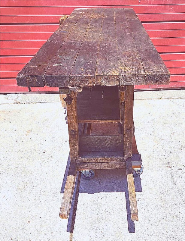 VINTAGE RUSTIC PINE CARPENTER WORKBENCH w IRON VICE CLAMP & STORAGE TRUNK TOOLS gallery