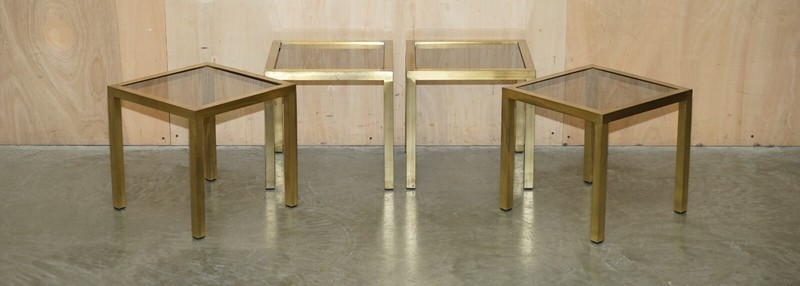 FOUR MID CENTURY MODERN MAISON JANSEN PARIS STYLE BRASS SMOKED GLASS SIDE TABLES gallery