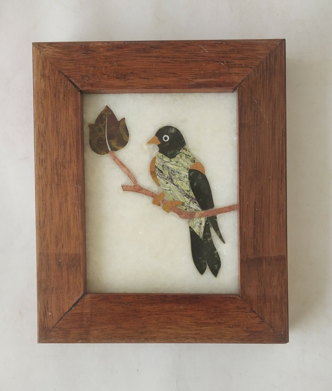 Handmade Colorful Bird Inlayed on Marble Pietra Dura Plaque Micro Mosaic #11