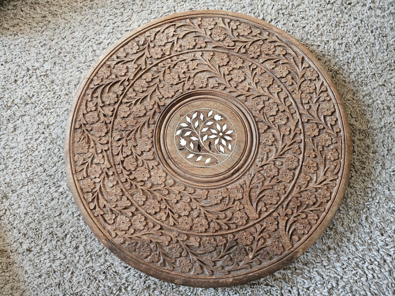 Indian Hand-Carved Floral & Leaf Wooden Side Table w/ Inlay Work TOP ONLY 14.5″