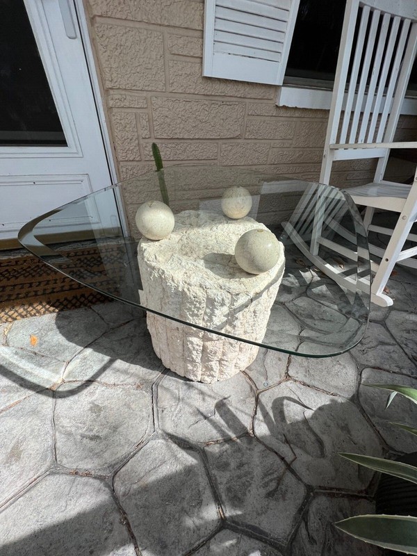 Postmodern Tesselated Mactan Stone and Glass Side/Coffee/Accent/Pedestal Table gallery