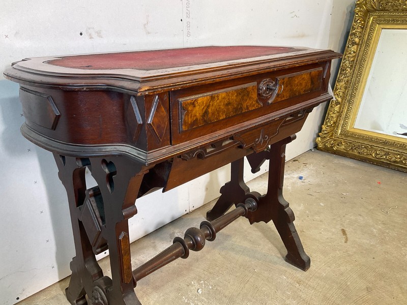 Antique Victorian Burl Walnut Sewing Table Work 1870 Stand Renaissance Revival gallery