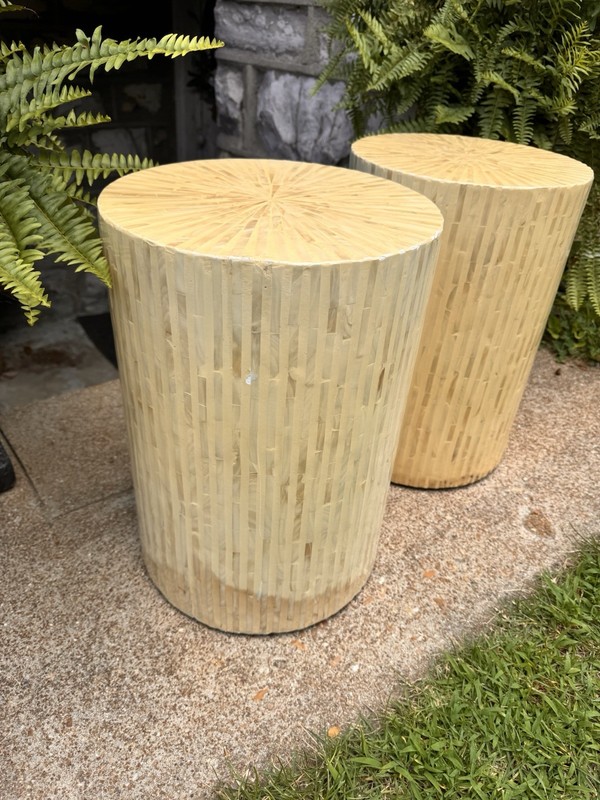 Pair Enrique Garcel Style Tessellated Mother Of Pearl Drum Side Tables gallery