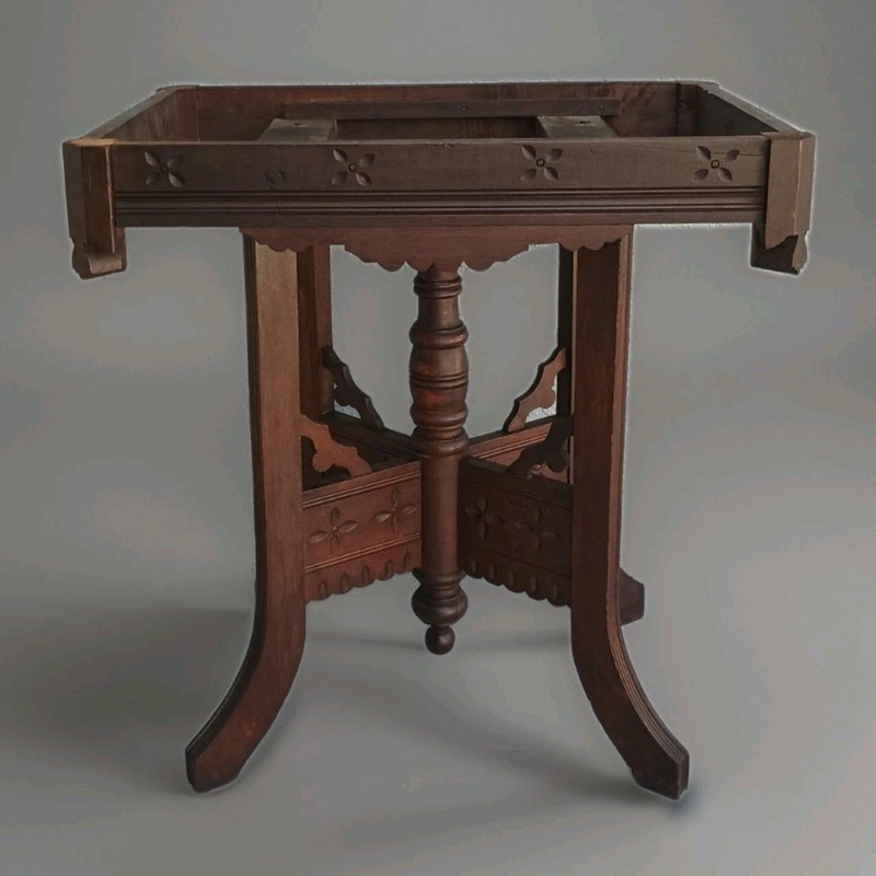 Antique Burgandy Marble Eastlake Table in Walnut with Daisy and Leaf Motifs. gallery