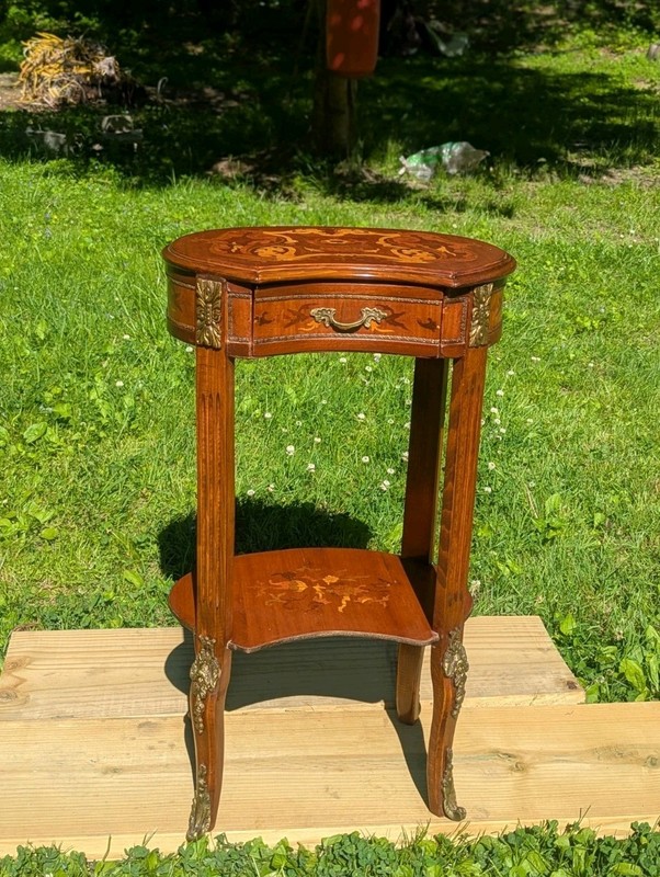 Vintage Louis XV Style Marquetry Inlaid Wood Small Curved Accent Table #2
