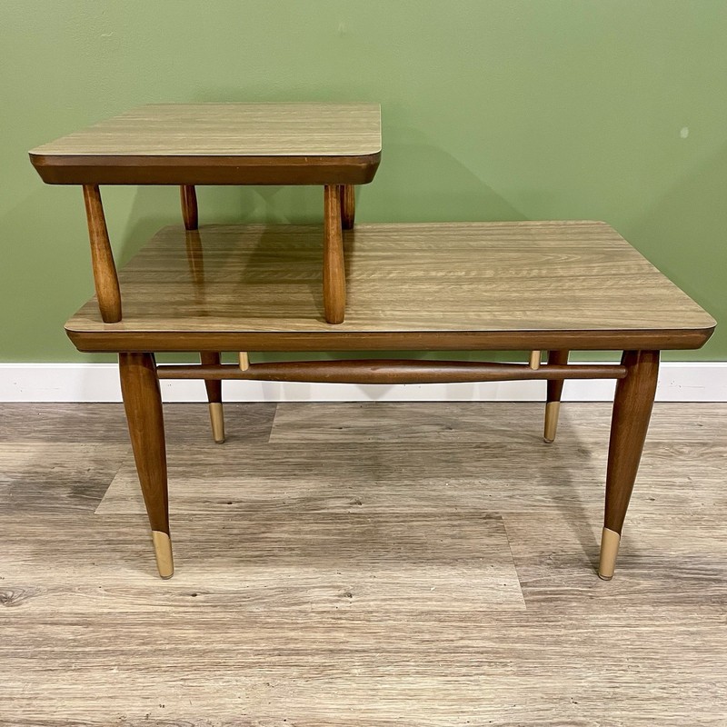 Vintage MCM Danish-Inspired Two-Tier End Table | Refinished Brass Accents gallery