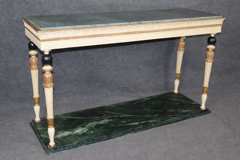 Rare Pair of Marble and Faux Marble Paint Decorated Console Tables Manner Jansen gallery