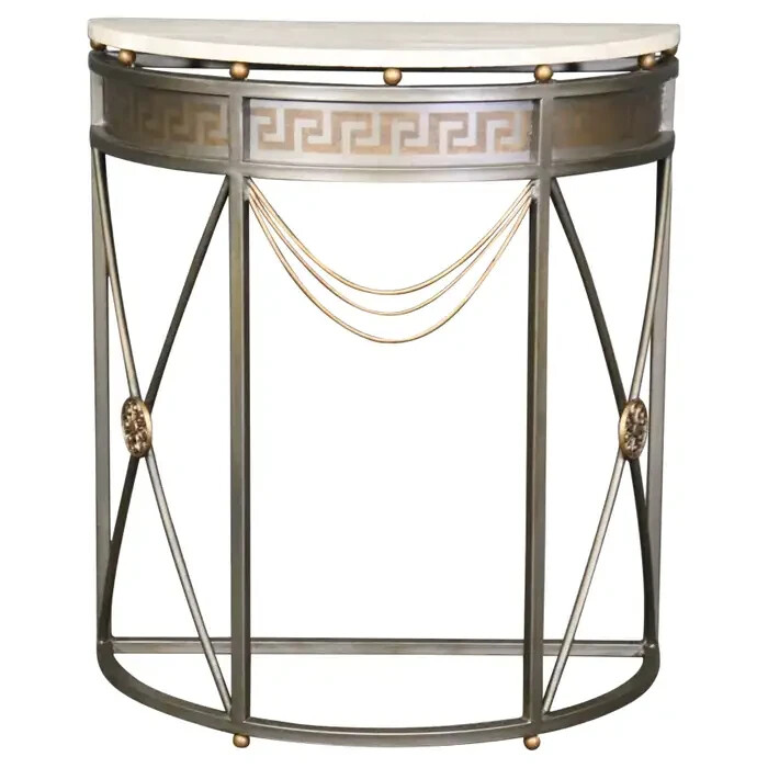 Unique Greek Key John Vesey Style Marble Top Steel Demilune Console Table