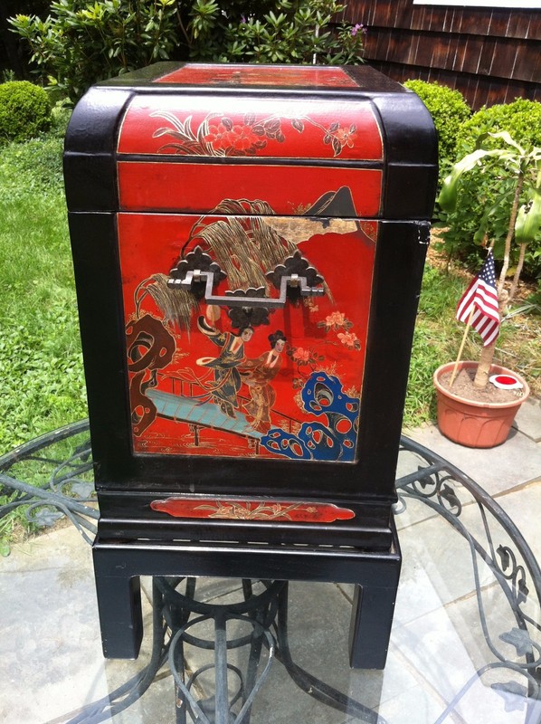 Chest on Stand Red Chinoiserie Painted Oriental Style Box Lidded gallery