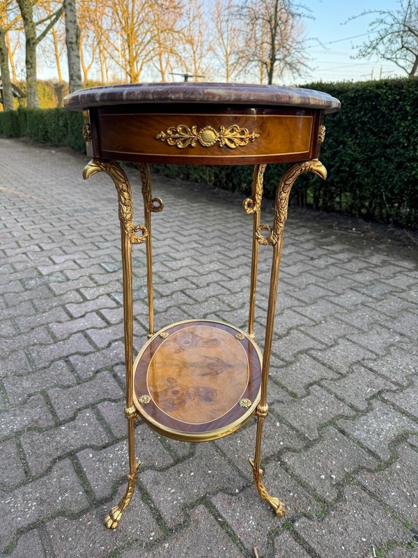 Table French Louis XVI Mahogany Bronze Marble Top Oval Side 1980 gallery