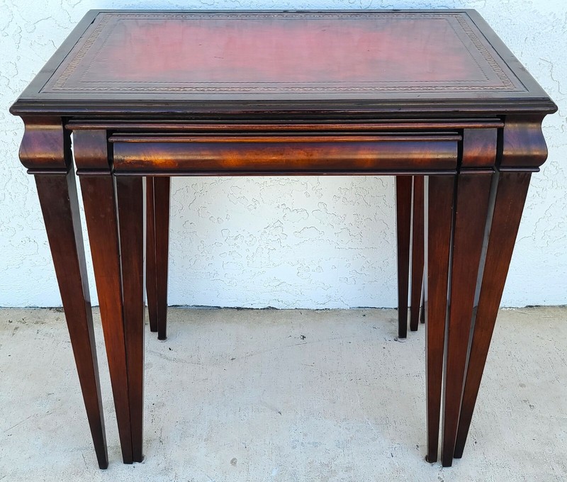Mid Century Tooled Red Leather Mahogany Nesting Tables gallery