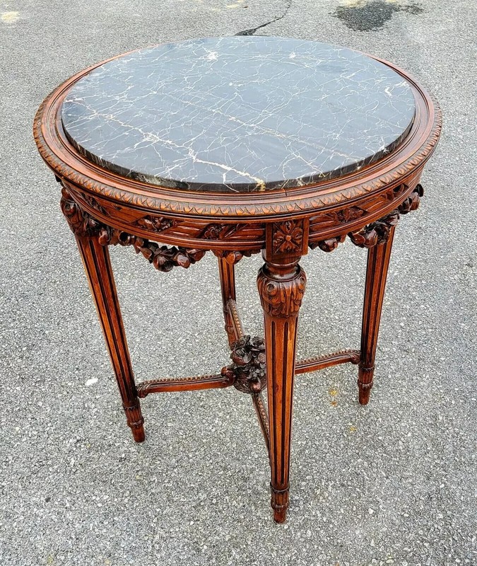 19th Century French Hand Carved Walnut Center Table with Marble Top – Antique