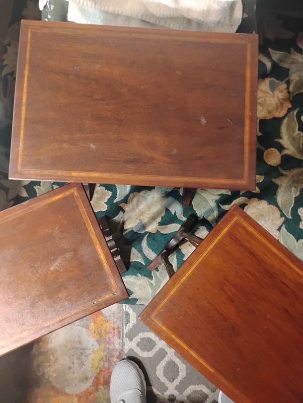 Antique Mahogany Inlaid Wood 3 Nesting Tables Orig Finish Lg Table 24"T 16"L 11" gallery