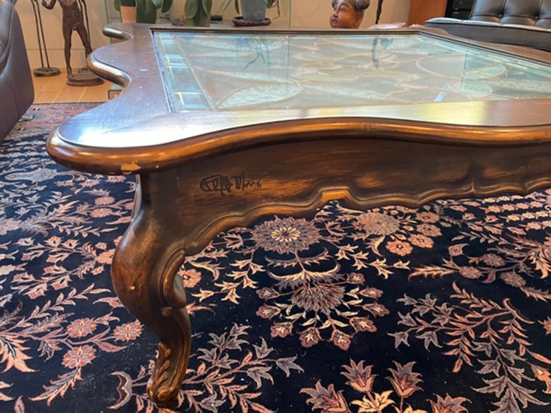 GORGEOUS PHYLLIS MORRIS COFFEE TABLE WITH STAINED GLASS TOP - SIGNED! gallery