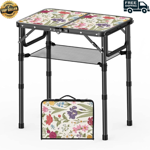 Folding Camping Table Adjustable Height Picnic Desk with Carry Handle Mesh Shelf