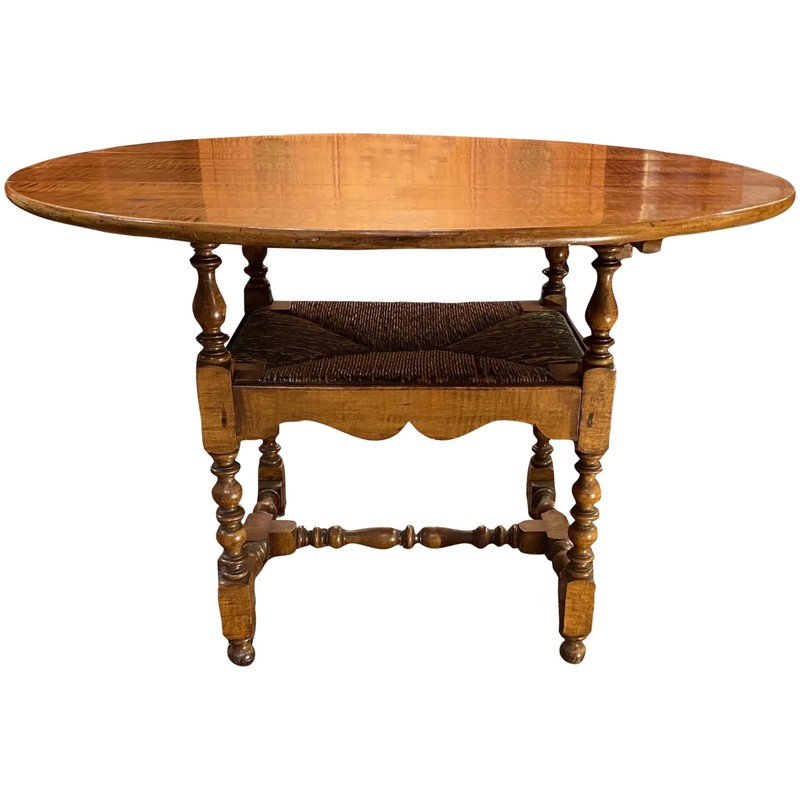 Custom Tiger Maple Round Chair Table with Turned Base & Rush Seat
