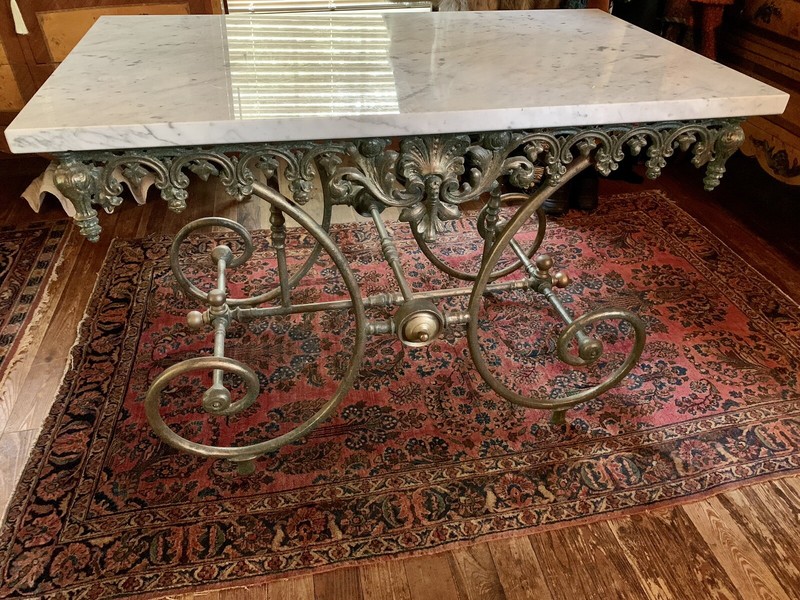 Vintage Italian European iron marble bakers Patisserie Center table verdigris