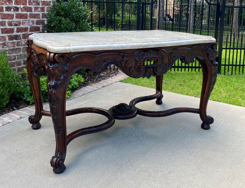 Antique French Console Entry Table Marble Top Carved Walnut Foyer Sofa Excellent gallery