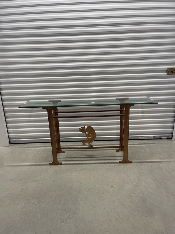 1950s Iron and Beveled Glass Brutalist Industrial Iron Console Sofa Table