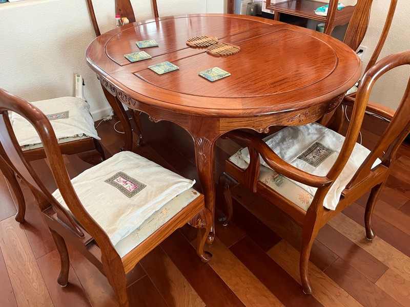 solid wood dining table (with extensions) and 5 chairs gallery