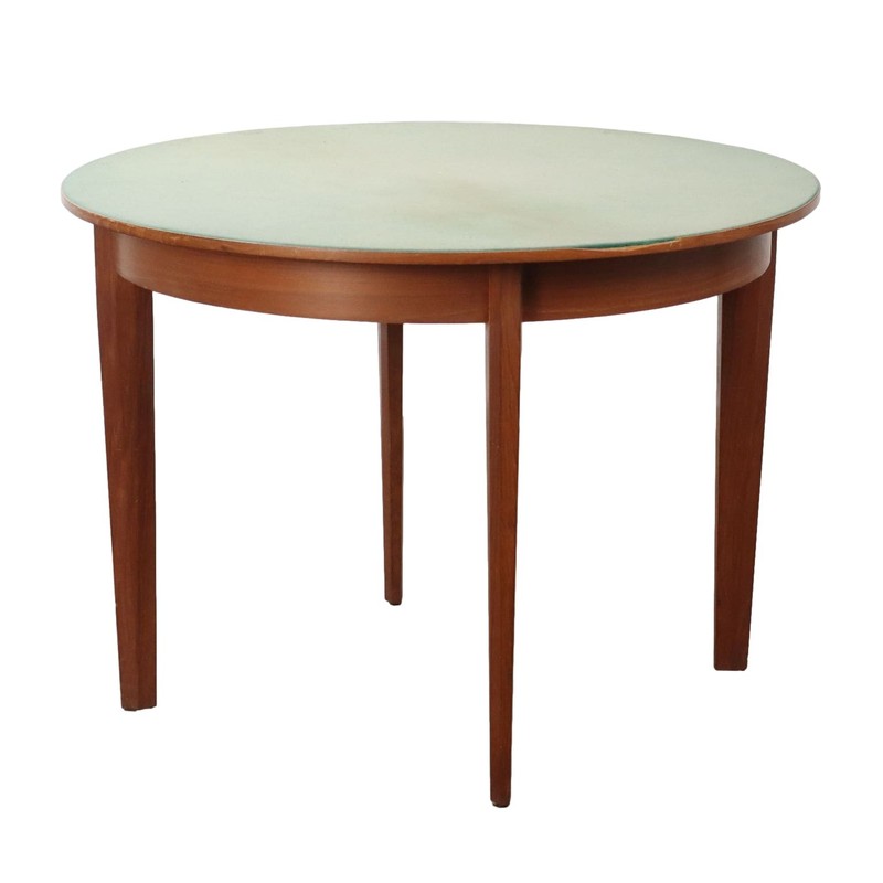 Vintage Round Table Teak Fabric Covered Top 1960s gallery