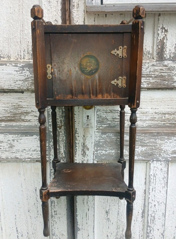 Antique Wood Smoking Stand W/ Label Metal Stampings Corp Illinois USA OLD