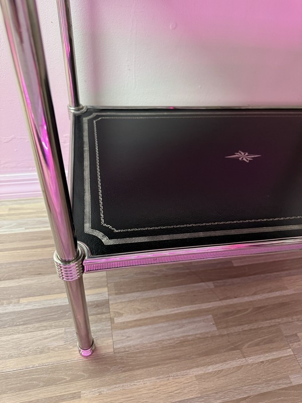 Gorgeous THEODORE ALEXANDER Side Table ( Used ) Black Leather And Silver Accent gallery
