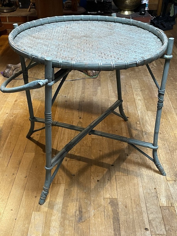 Vintage Round Wicker Rattan Bamboo Folding Table 2 Piece