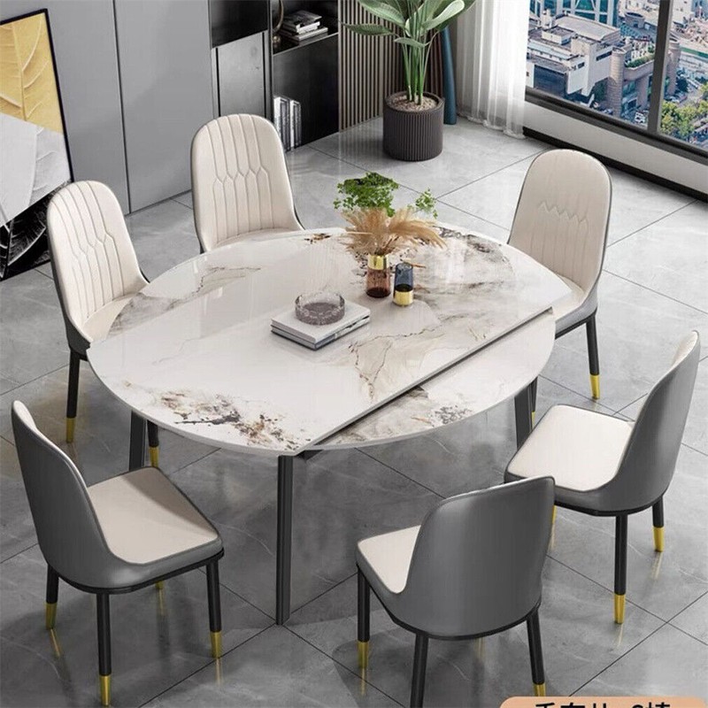 XXL Round Marble Dining Table & Leather Chair Extendable Restaurant Island Table gallery