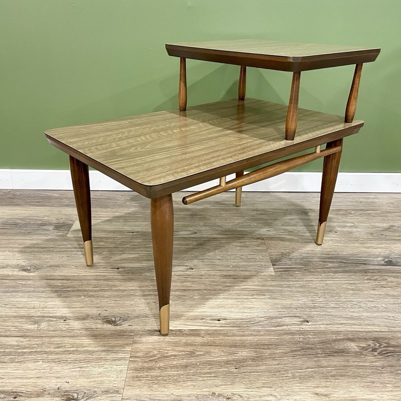 Vintage MCM Danish-Inspired Two-Tier End Table | Refinished Brass Accents gallery
