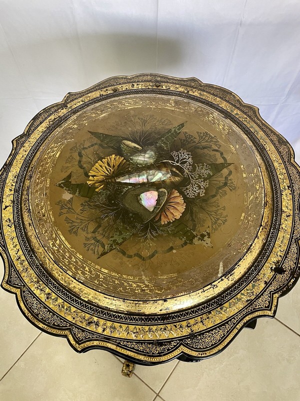 19th Century Victorian Paper Mache Abalone Inlay Pedestal Sewing Table, stand