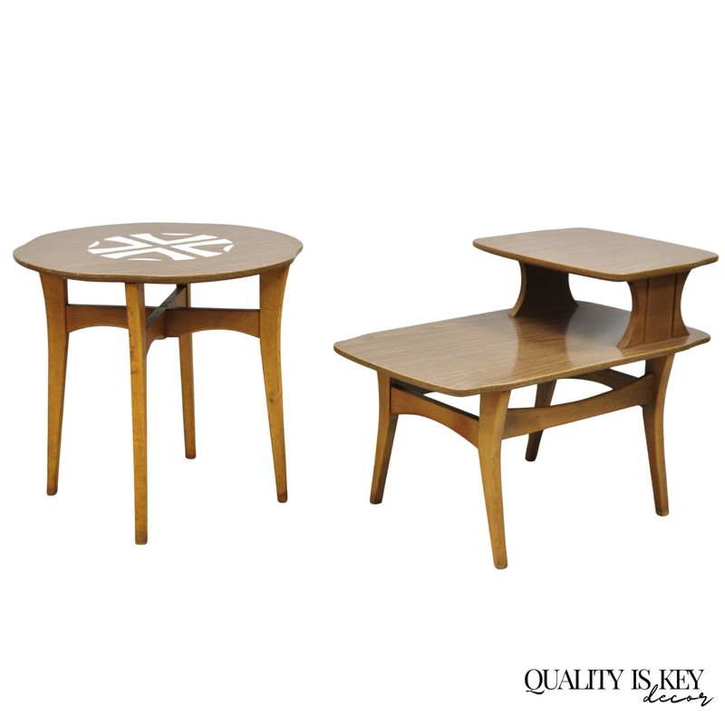 Vintage Mid Century Modern Walnut & Formica Round & Step Side Table Set – 2 pcs