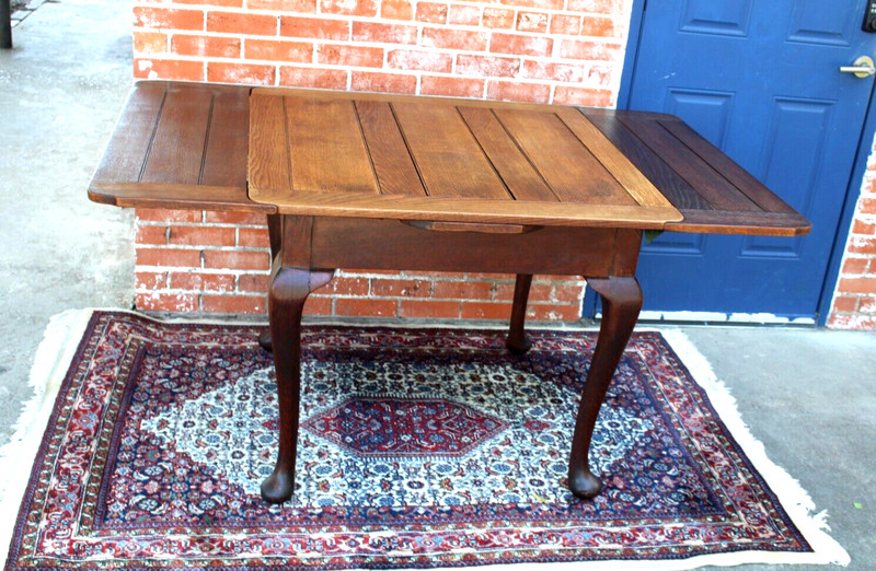 English Antique Queen Anne Oak Draw Leaf Kitchen Table gallery