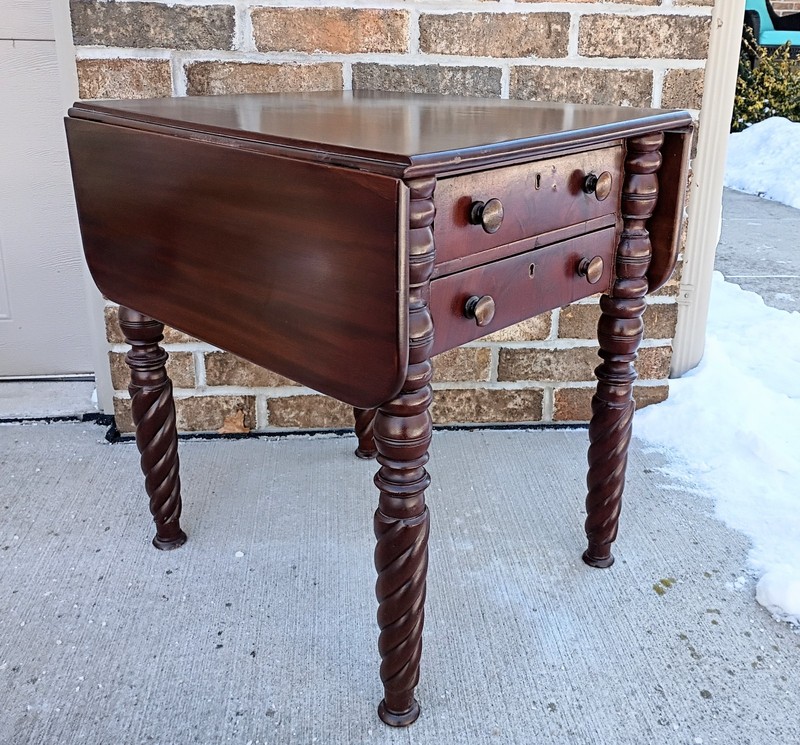 Early Antique Mahogany 2 Drawer Drop Leaf Side Card Table w/ Rope Twist Legs