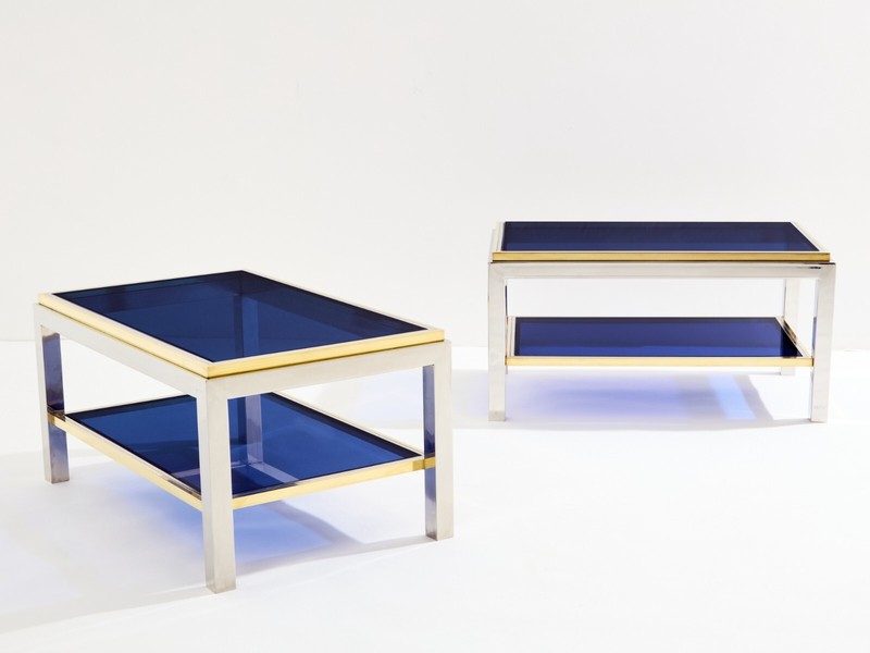 Pair of Two-Tier brass chrome side tables Willy Rizzo Flaminia 1970s gallery