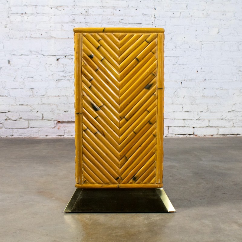 Modern Coastal Sofa Console Table Split Reed Bamboo Pedestal & Brass Plinth Base gallery