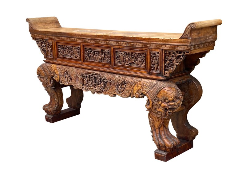 Chinese Vintage Opera Scenery Lion Heads Carving Long Altar Console Table cs7795 gallery