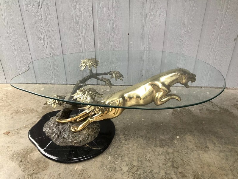 MAISON JANSEN Gilded Cast Bronze Jaguar Marble Coffee Table Mid Century