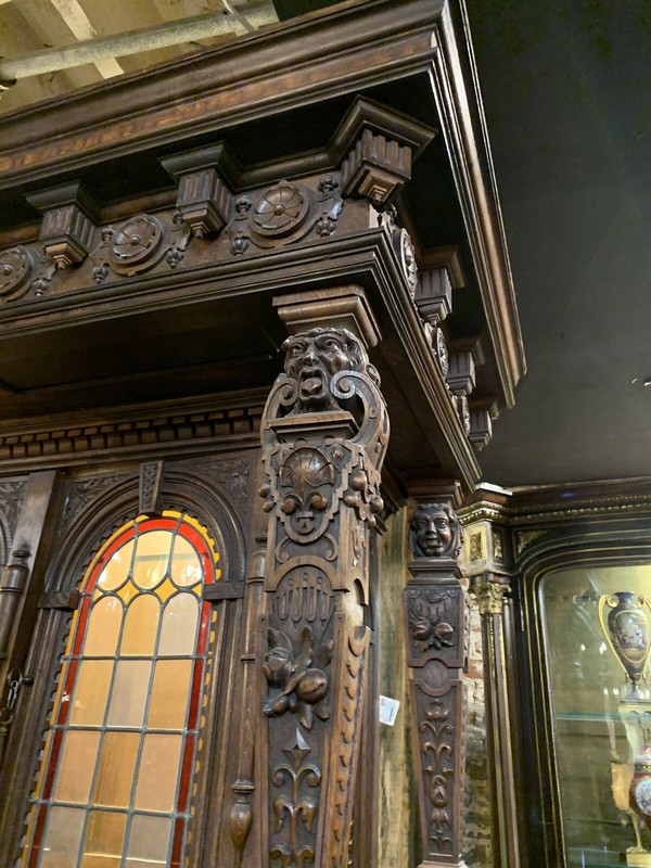 antique French Renaissance Figural Carved Wood, Stain Glass, Circa 1880 Palace gallery