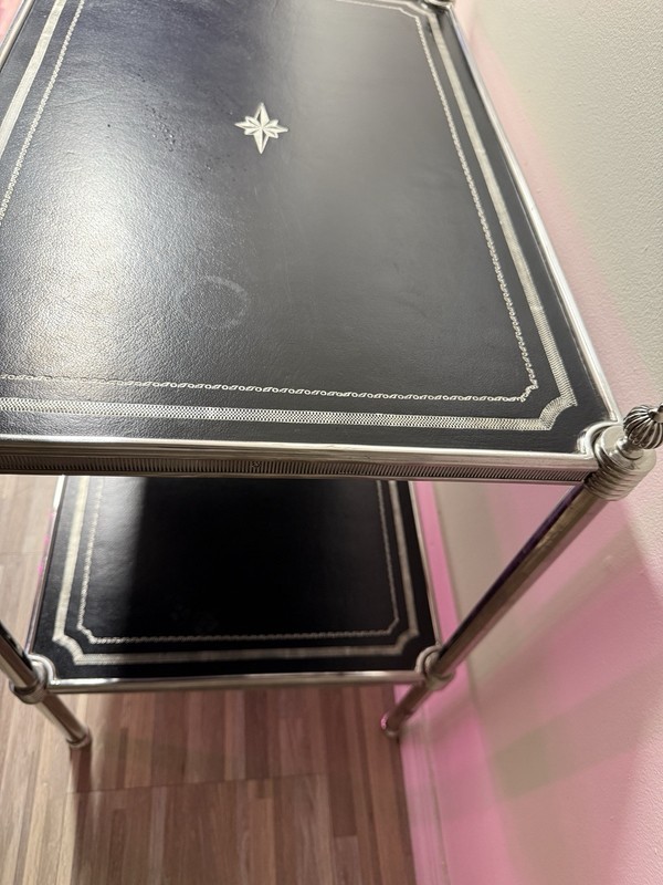 Gorgeous THEODORE ALEXANDER Side Table ( Used ) Black Leather And Silver Accent gallery
