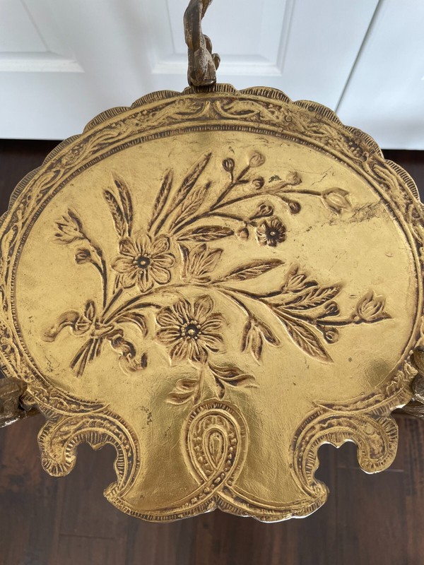 Pair Antique Art Nouveau Two Tier Brass Floral Side Tables - Plant Stands gallery