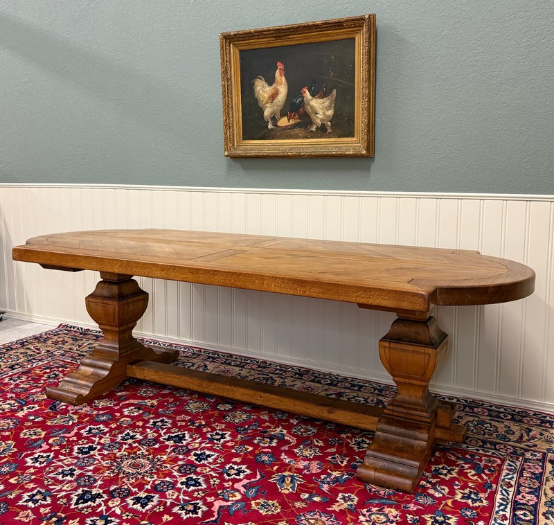 Antique French Country Dining Table Farmhouse Pedestal Trestle Honey Oak 1930s