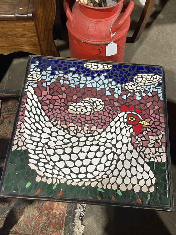 Pair Of Antique French Country Mosaic Chicken Rooster Side Tables Farmhouse gallery