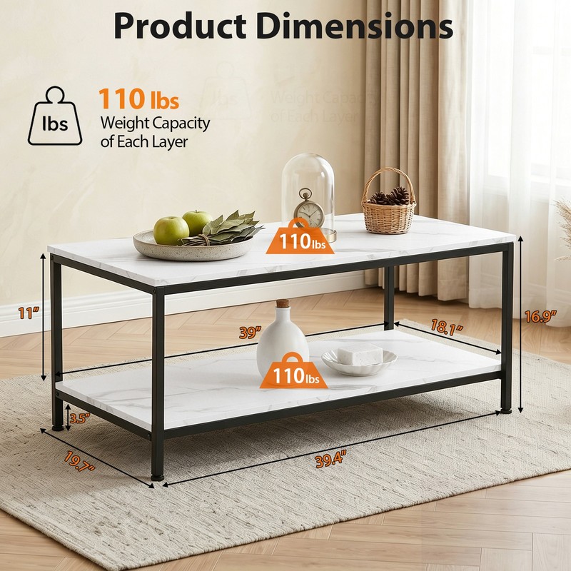 39" Rectangular Coffee Table Industrial Wood Center Table w/ Storage Shelf White gallery