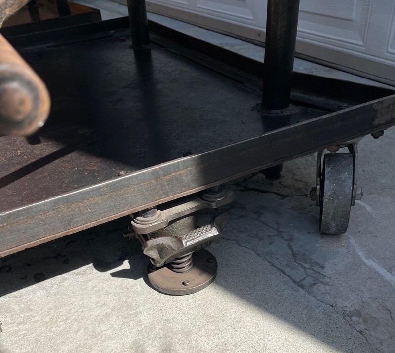 AMAZING LARGE HEAVY METAL VINTAGE INDUSTRIAL MECHANICAL TELESCOPING TABLES (2) gallery