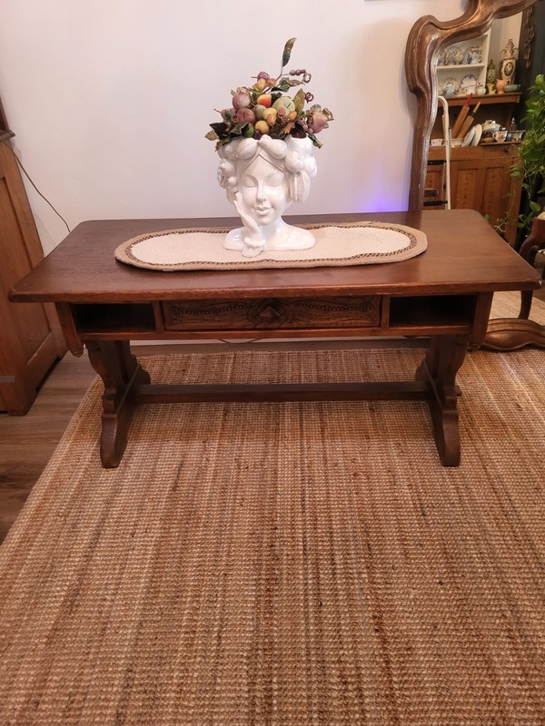 Antique 1910 Tressle Coffee Table Carved Oak Center Drawer W/ Sides Open Space