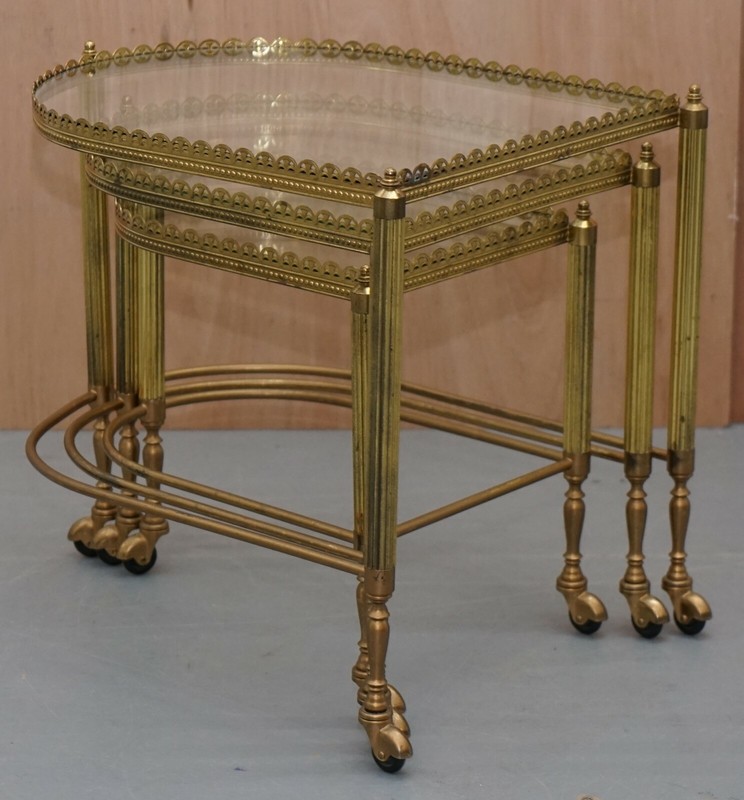NEST OF THREE BRASS & GLASS TROLLEY TABLES BY MAISON BAGUES FRANCE MID CENTURY gallery